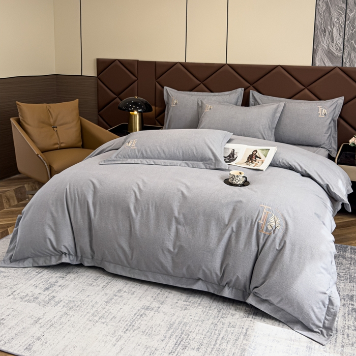 91家纺网 家纺一手货源 找家纺 U品汇 2024新品生态加厚长绒棉纯棉绣花全棉磨毛刺绣四件套宽边款直播 漫步梧桐-灰