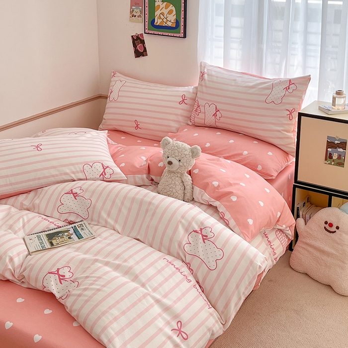 91家纺网 家纺一手货源 找家纺 桃子家居  2024新款纯棉小清新卡通少女13372系列四件套 棉-粉玉兔