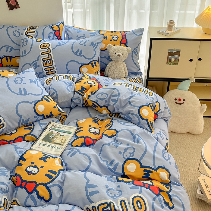 91家纺网 家纺一手货源 找家纺 桃子家居  2024新款纯棉小清新卡通少女13372系列四件套 棉-蓝老虎