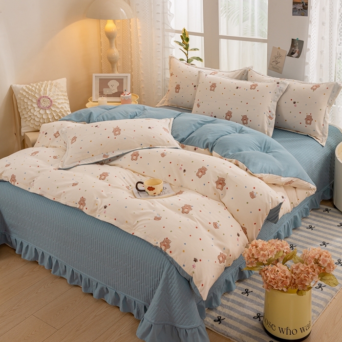 91家纺网 家纺一手货源 找家纺 梦莱斯 2024新款A类提花针织棉床盖四件套 饼干熊