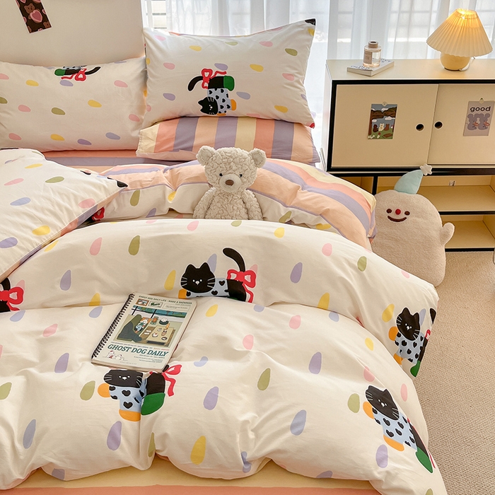 91家纺网 家纺一手货源 找家纺 桃子家居  2024新款纯棉小清新卡通少女13372系列四件套 棉-彩绘喵