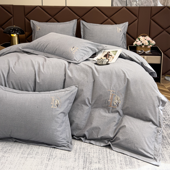 91家纺网 家纺一手货源 找家纺 U品汇 2024新品生态加厚长绒棉纯棉绣花全棉磨毛刺绣四件套宽边款直播 漫步梧桐-灰