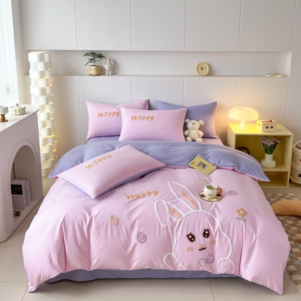 言熙居家纺 2024新款加厚磨毛110克亲肤棉四件套 樱花粉+灰紫