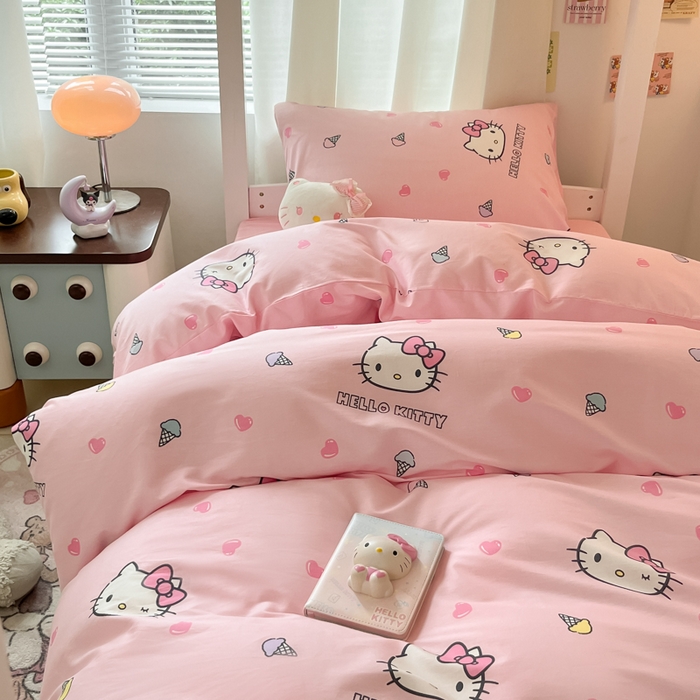 91家纺网 家纺一手货源 找家纺 2024新款三丽鸥授权全棉少女印花系列学生三件套四件套 棉三丽鸥-粉粉甜美kitty