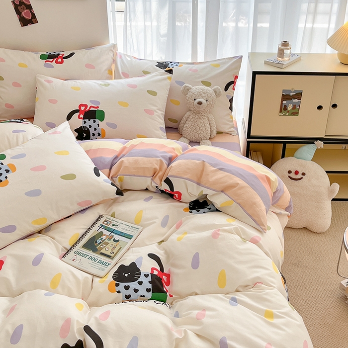 91家纺网 家纺一手货源 找家纺 桃子家居  2024新款纯棉小清新卡通少女13372系列四件套 棉-彩绘喵