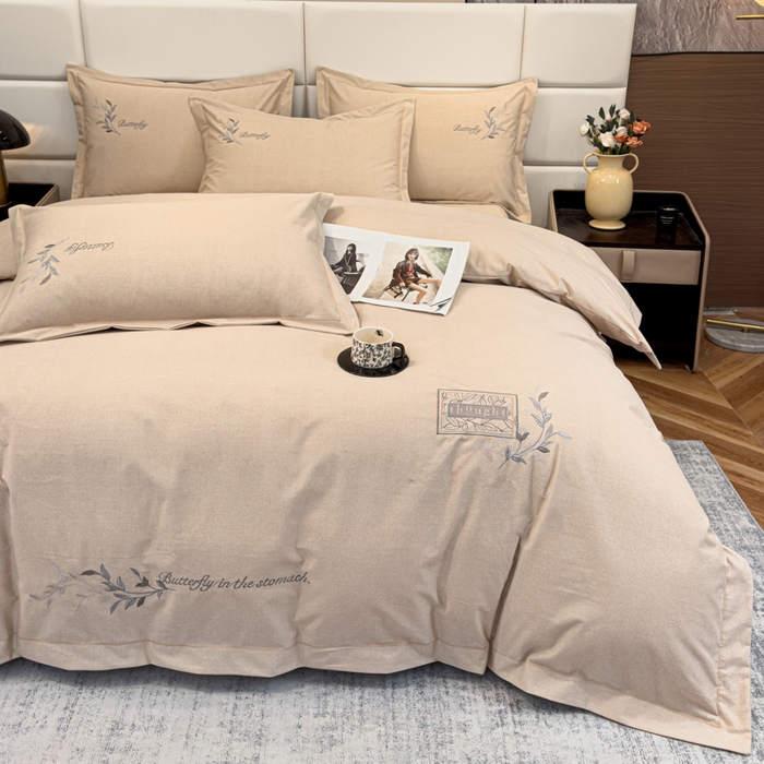 91家纺网 家纺一手货源 找家纺 U品汇 2024新品生态加厚长绒棉纯棉绣花全棉磨毛刺绣四件套宽边款直播 一叶知秋-米棕