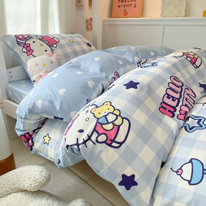 91家纺网 家纺一手货源 找家纺 2024新款三丽鸥授权全棉少女印花系列学生三件套四件套 棉三丽鸥-幸运星kitty