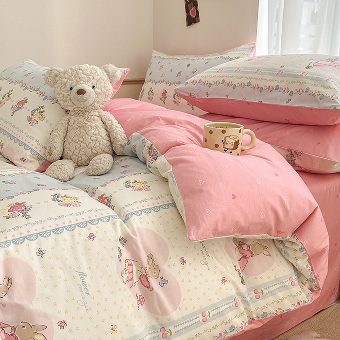 91家纺网 家纺一手货源 找家纺 桃子家居  2024新款纯棉小清新卡通少女13372系列四件套 棉-花仙兔