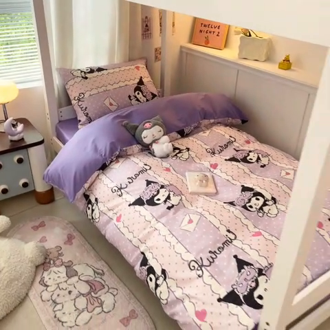 91家纺网 家纺一手货源 找家纺 2024新款三丽鸥授权全棉少女印花系列学生三件套四件套 棉三丽鸥-元气库洛米