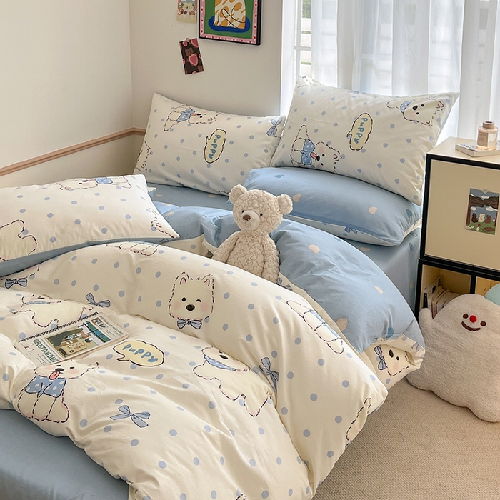 91家纺网 家纺一手货源 找家纺 桃子家居  2024新款纯棉小清新卡通少女13372系列四件套 棉-波点狗