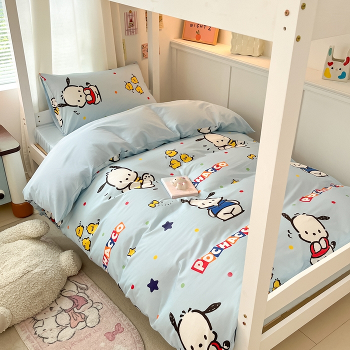 91家纺网 家纺一手货源 找家纺 2024新款三丽鸥授权全棉少女印花系列学生三件套四件套 棉三丽鸥-活力帕恰狗