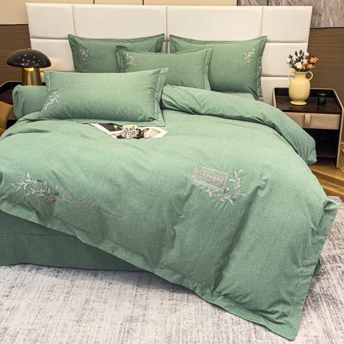 91家纺网 家纺一手货源 找家纺 U品汇 2024新品生态加厚长绒棉纯棉绣花全棉磨毛刺绣四件套宽边款直播 一叶知秋-绿