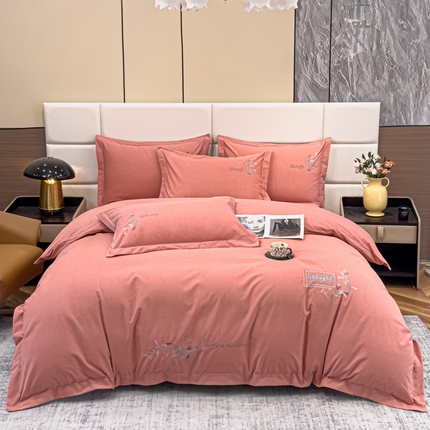 U品汇 2024新品生态加厚长绒棉纯棉绣花全棉磨毛刺绣四件套宽边款直播 一叶知秋-胭脂红