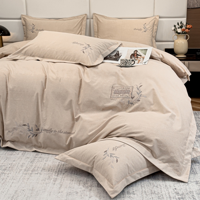 91家纺网 家纺一手货源 找家纺 U品汇 2024新品生态加厚长绒棉纯棉绣花全棉磨毛刺绣四件套宽边款直播 一叶知秋-米棕