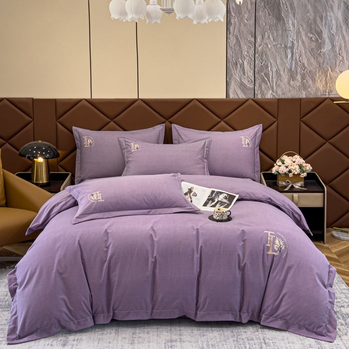 91家纺网 家纺一手货源 找家纺 U品汇 2024新品生态加厚长绒棉纯棉绣花全棉磨毛刺绣四件套宽边款直播 漫步梧桐-紫