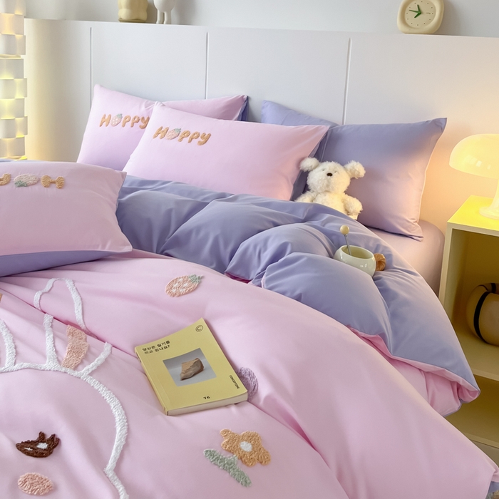 91家纺网 家纺一手货源 找家纺 言熙居家纺 2024新款加厚磨毛110克亲肤棉四件套 樱花粉+灰紫