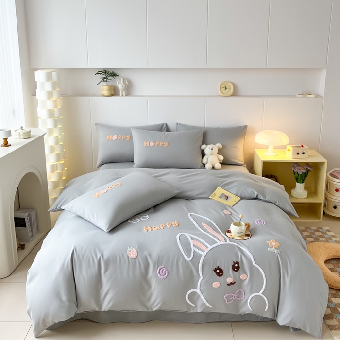 91家纺网 家纺一手货源 找家纺 言熙居家纺 2024新款加厚磨毛110克亲肤棉四件套 淡雅灰