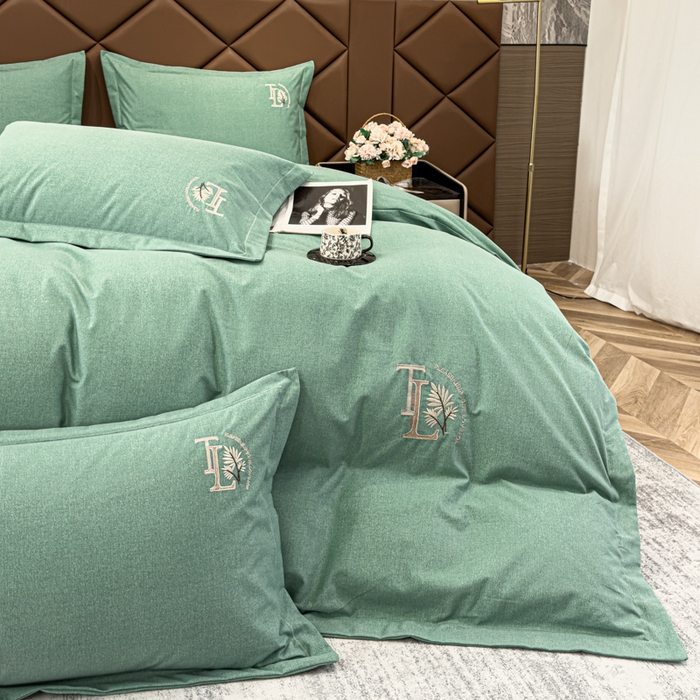 91家纺网 家纺一手货源 找家纺 U品汇 2024新品生态加厚长绒棉纯棉绣花全棉磨毛刺绣四件套宽边款直播 漫步梧桐-绿