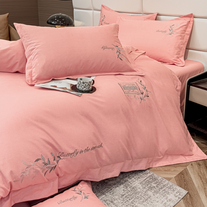 91家纺网 家纺一手货源 找家纺 U品汇 2024新品生态加厚长绒棉纯棉绣花全棉磨毛刺绣四件套宽边款直播 一叶知秋-粉玉