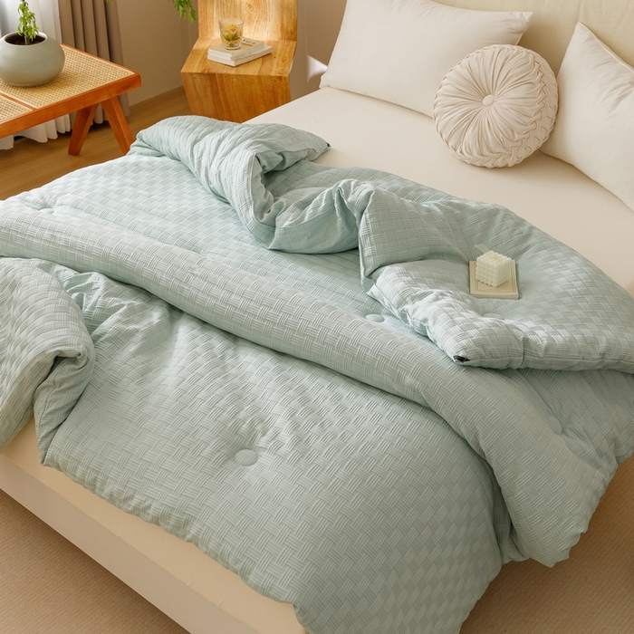 91家纺网 家纺一手货源 找家纺 卡派 2024新款水洗华夫格大豆纤维被水绿