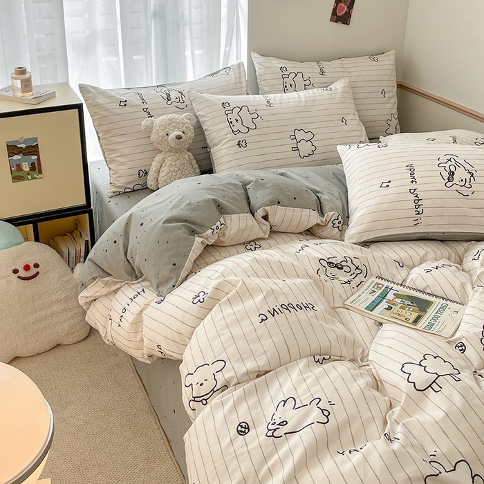 91家纺网 家纺一手货源 找家纺 桃子家居  2024新款纯棉小清新卡通少女13372系列四件套 棉-新嗨皮狗