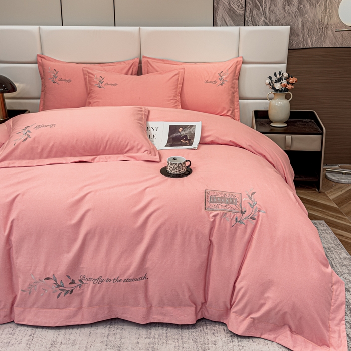 91家纺网 家纺一手货源 找家纺 U品汇 2024新品生态加厚长绒棉纯棉绣花全棉磨毛刺绣四件套宽边款直播 一叶知秋-粉玉