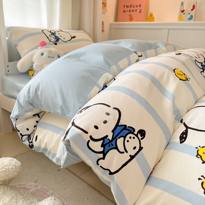 91家纺网 家纺一手货源 找家纺 2024新款三丽鸥授权全棉少女印花系列学生三件套四件套 棉三丽鸥-快乐帕恰狗