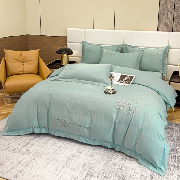 91家纺网 家纺一手货源 找家纺 U品汇 2024新品生态加厚长绒棉纯棉绣花全棉磨毛刺绣四件套宽边款直播 一叶知秋-浅绿