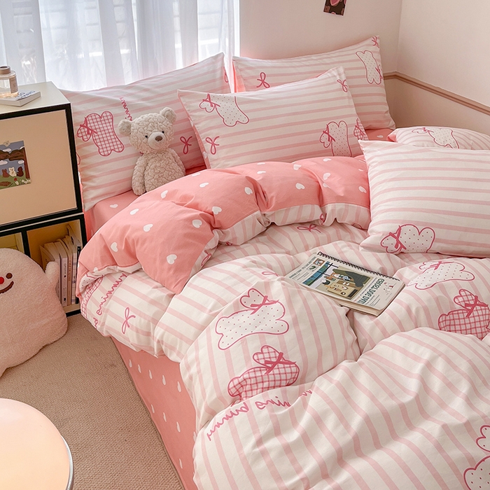 91家纺网 家纺一手货源 找家纺 桃子家居  2024新款纯棉小清新卡通少女13372系列四件套 棉-粉玉兔