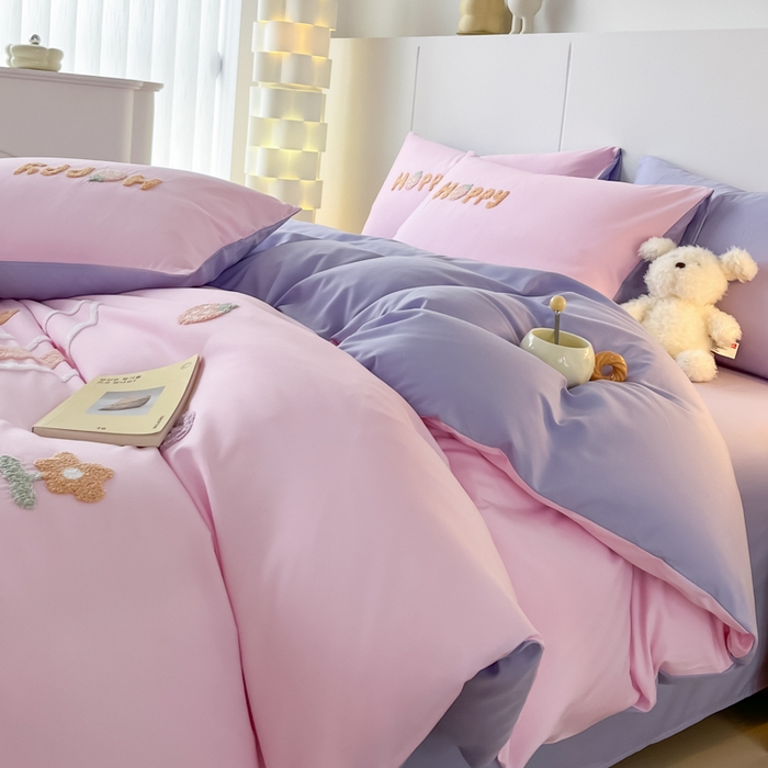 91家纺网 家纺一手货源 找家纺 言熙居家纺 2024新款加厚磨毛110克亲肤棉四件套 樱花粉+灰紫