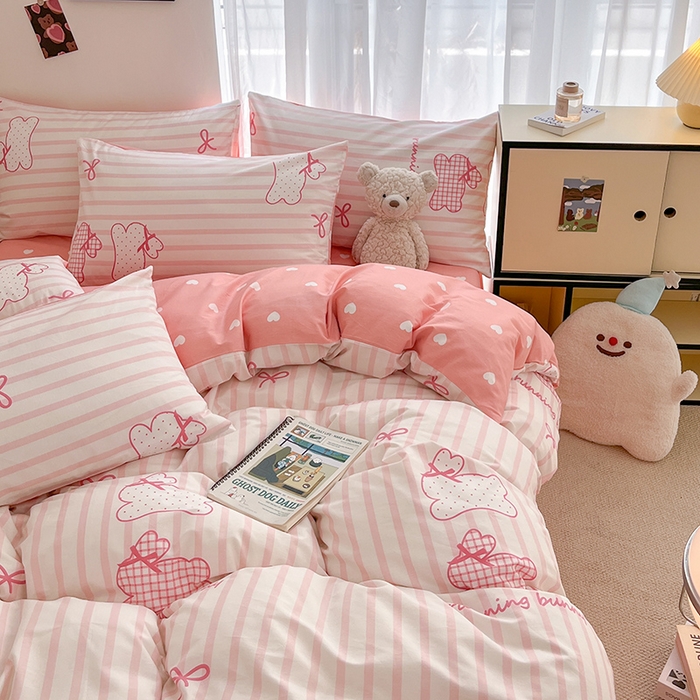 91家纺网 家纺一手货源 找家纺 桃子家居  2024新款纯棉小清新卡通少女13372系列四件套 棉-粉玉兔