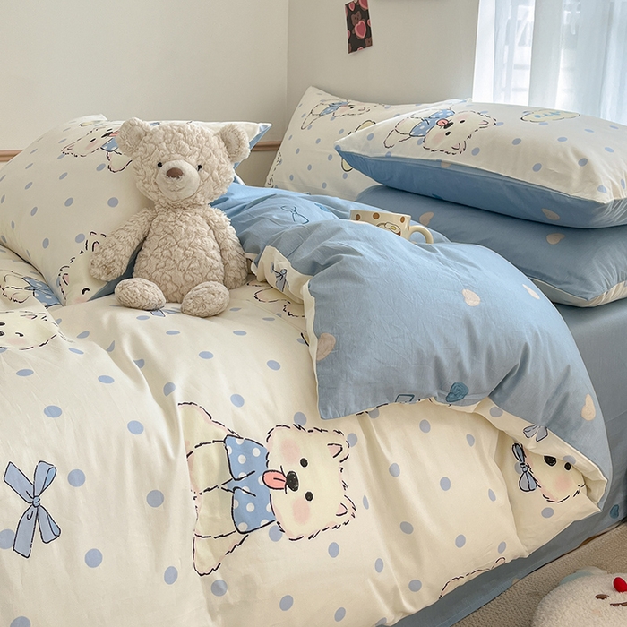 91家纺网 家纺一手货源 找家纺 桃子家居  2024新款纯棉小清新卡通少女13372系列四件套 棉-波点狗