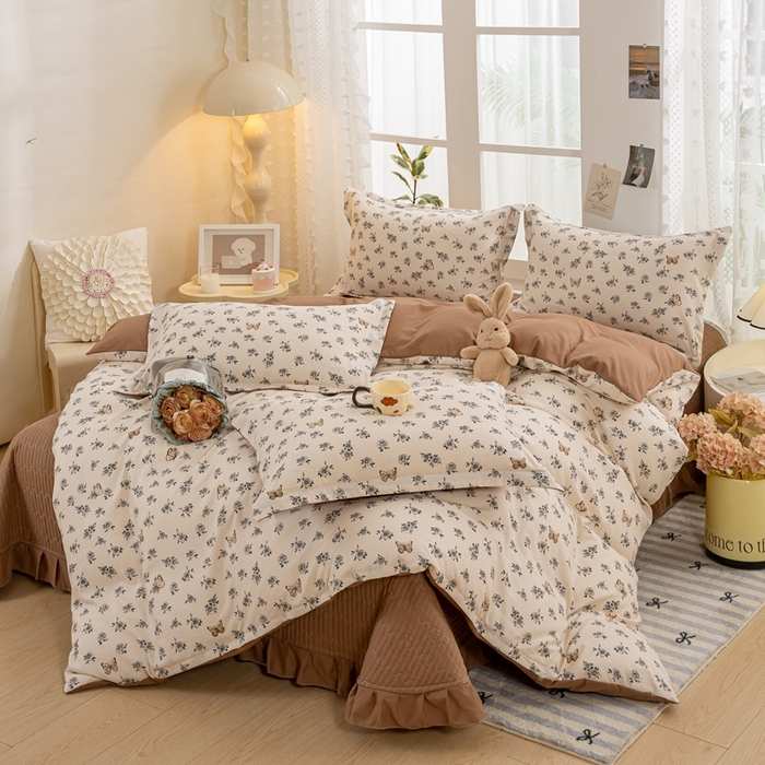 91家纺网 家纺一手货源 找家纺 梦莱斯 2024新款A类提花针织棉床盖四件套 蝶恋花咖