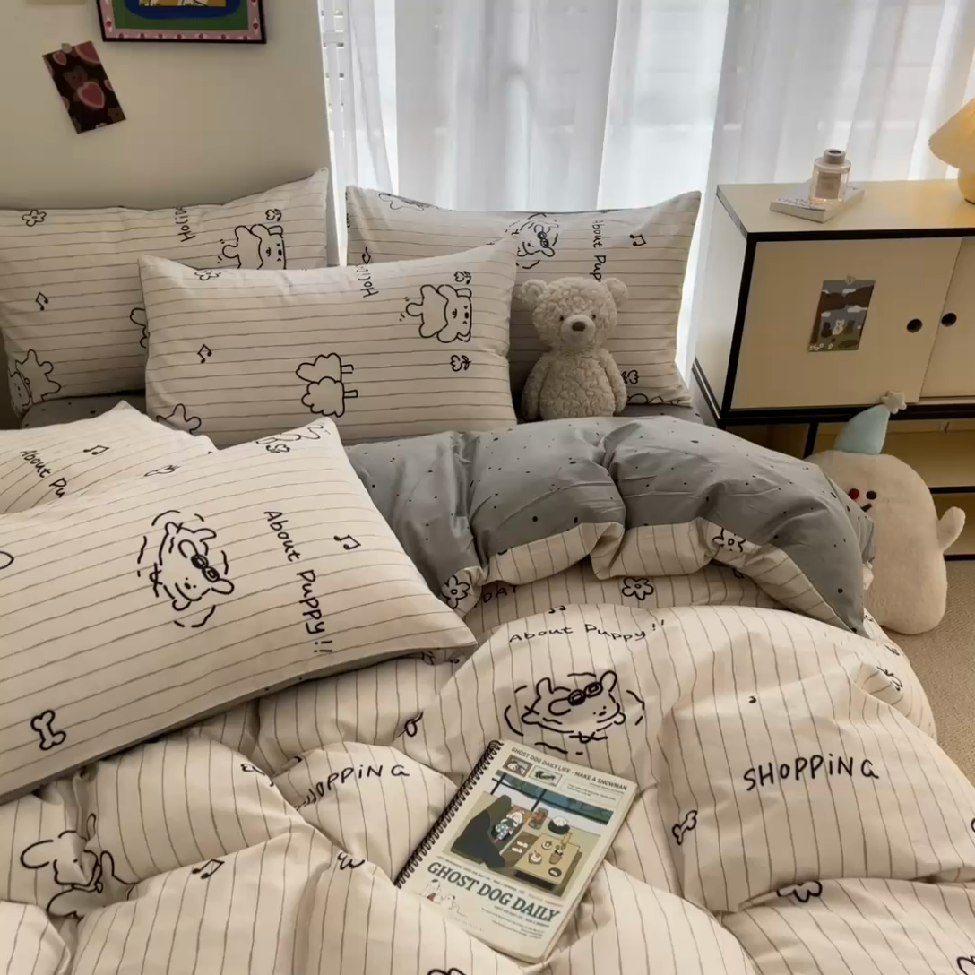 91家纺网 家纺一手货源 找家纺 桃子家居  2024新款纯棉小清新卡通少女13372系列四件套 棉-新嗨皮狗