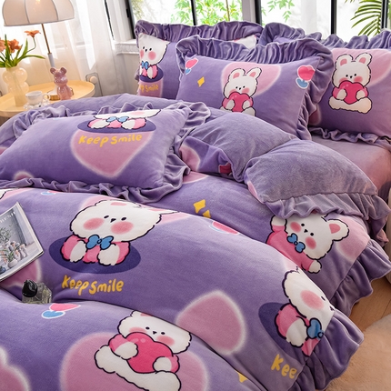 91家纺网 家纺一手货源 找家纺 （总）2025新款韩版荷叶边床裙款高克重印花牛奶绒四件套