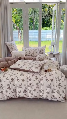 91家纺网 家纺一手货源 找家纺 梦莱斯 2024新款A类云纱棉四件套现货供应 叶秋