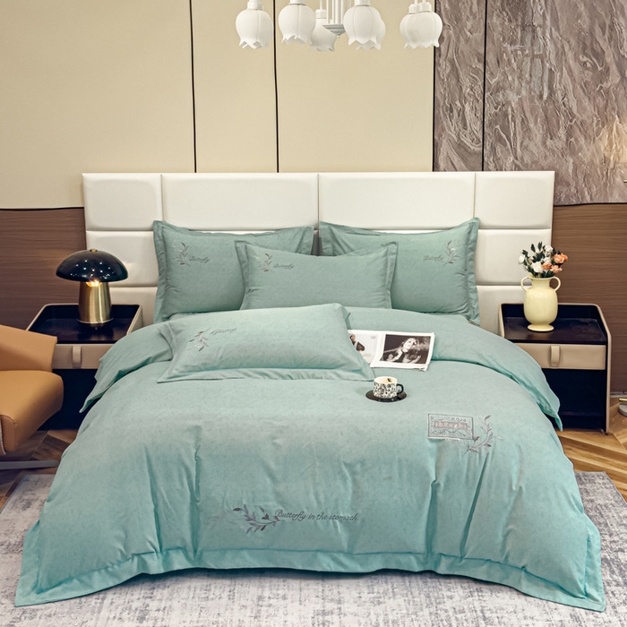 91家纺网 家纺一手货源 找家纺 U品汇 2024新品生态加厚长绒棉纯棉绣花全棉磨毛刺绣四件套宽边款直播 一叶知秋-浅绿