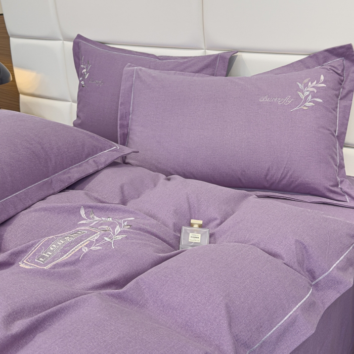 91家纺网 家纺一手货源 找家纺 U品汇 2024新品生态加厚长绒棉纯棉绣花全棉磨毛刺绣四件套宽边款直播 一叶知秋-紫