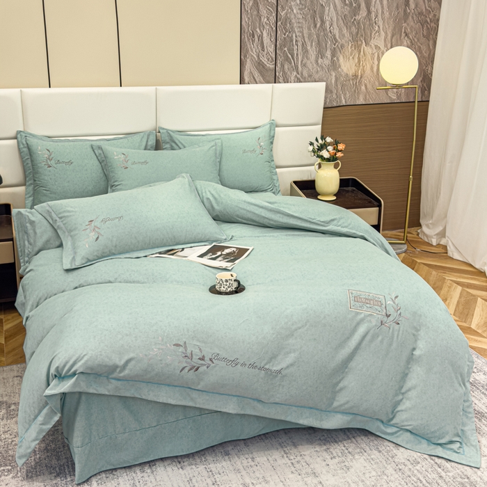 91家纺网 家纺一手货源 找家纺 U品汇 2024新品生态加厚长绒棉纯棉绣花全棉磨毛刺绣四件套宽边款直播 一叶知秋-浅绿