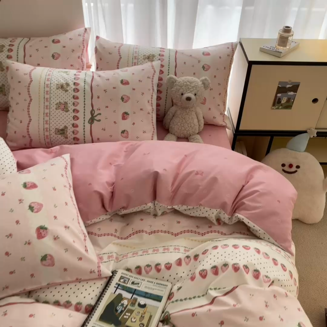 91家纺网 家纺一手货源 找家纺 桃子家居  2024新款纯棉小清新卡通少女13372系列四件套 棉-粉萌