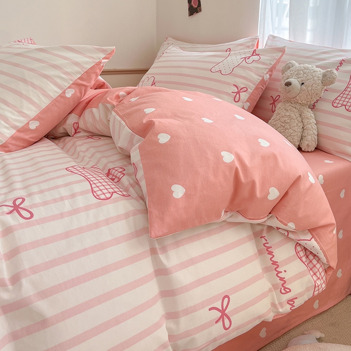 91家纺网 家纺一手货源 找家纺 桃子家居  2024新款纯棉小清新卡通少女13372系列四件套 棉-粉玉兔