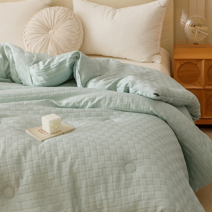 91家纺网 家纺一手货源 找家纺 卡派 2024新款水洗华夫格大豆纤维被水绿