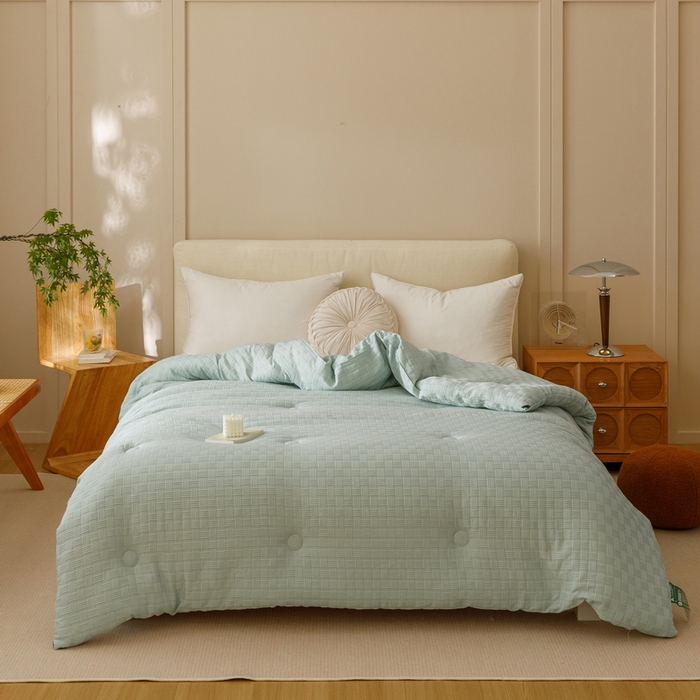 91家纺网 家纺一手货源 找家纺 迪乐妮家居 2024新款水洗华夫格大豆纤维被 水绿