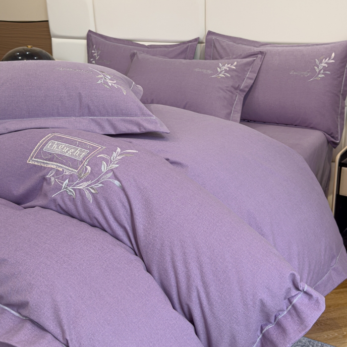 91家纺网 家纺一手货源 找家纺 U品汇 2024新品生态加厚长绒棉纯棉绣花全棉磨毛刺绣四件套宽边款直播 一叶知秋-紫