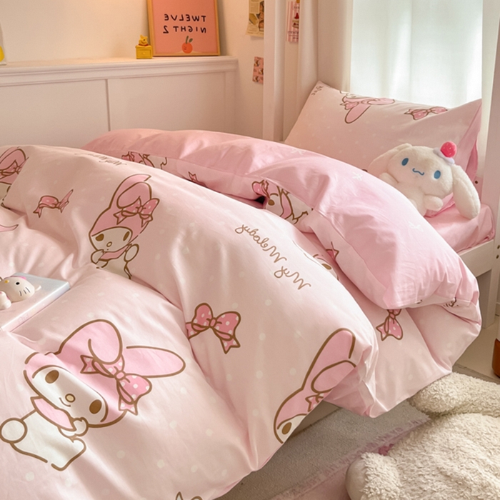 91家纺网 家纺一手货源 找家纺 2024新款三丽鸥授权全棉少女印花系列学生三件套四件套 棉三丽鸥-蝴蝶结美乐蒂