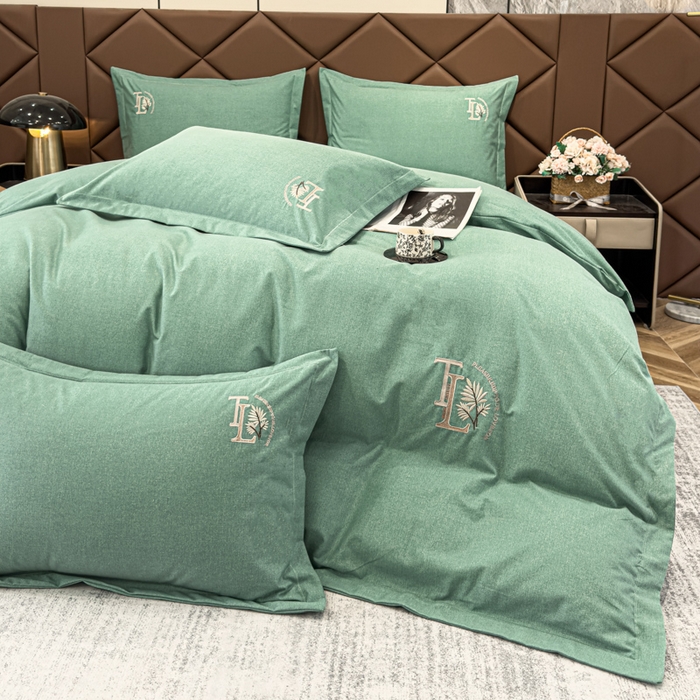 91家纺网 家纺一手货源 找家纺 U品汇 2024新品生态加厚长绒棉纯棉绣花全棉磨毛刺绣四件套宽边款直播 漫步梧桐-绿