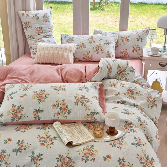 91家纺网 家纺一手货源 找家纺 梦莱斯 2024新款A类云纱棉四件套现货供应 静好