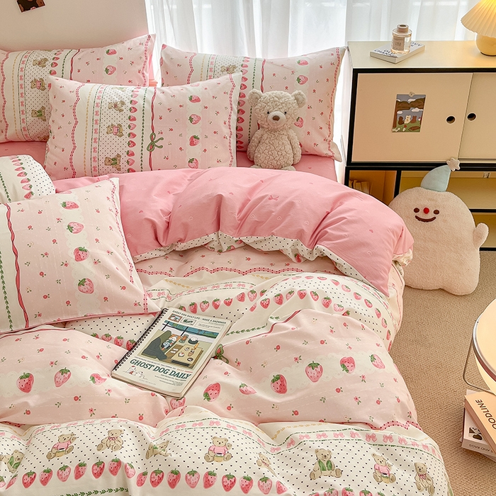 91家纺网 家纺一手货源 找家纺 桃子家居  2024新款纯棉小清新卡通少女13372系列四件套 棉-粉萌