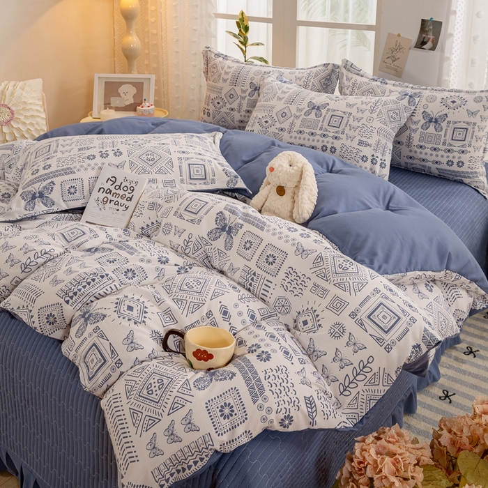 91家纺网 家纺一手货源 找家纺 梦莱斯 2024新款A类提花针织棉床盖四件套 蓝图