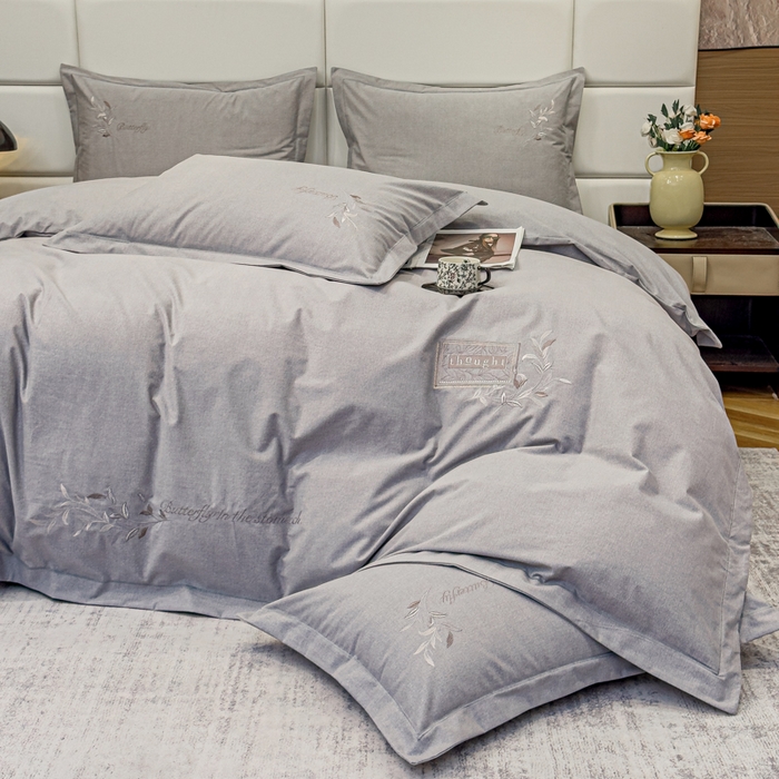 91家纺网 家纺一手货源 找家纺 U品汇 2024新品生态加厚长绒棉纯棉绣花全棉磨毛刺绣四件套宽边款直播 一叶知秋-灰